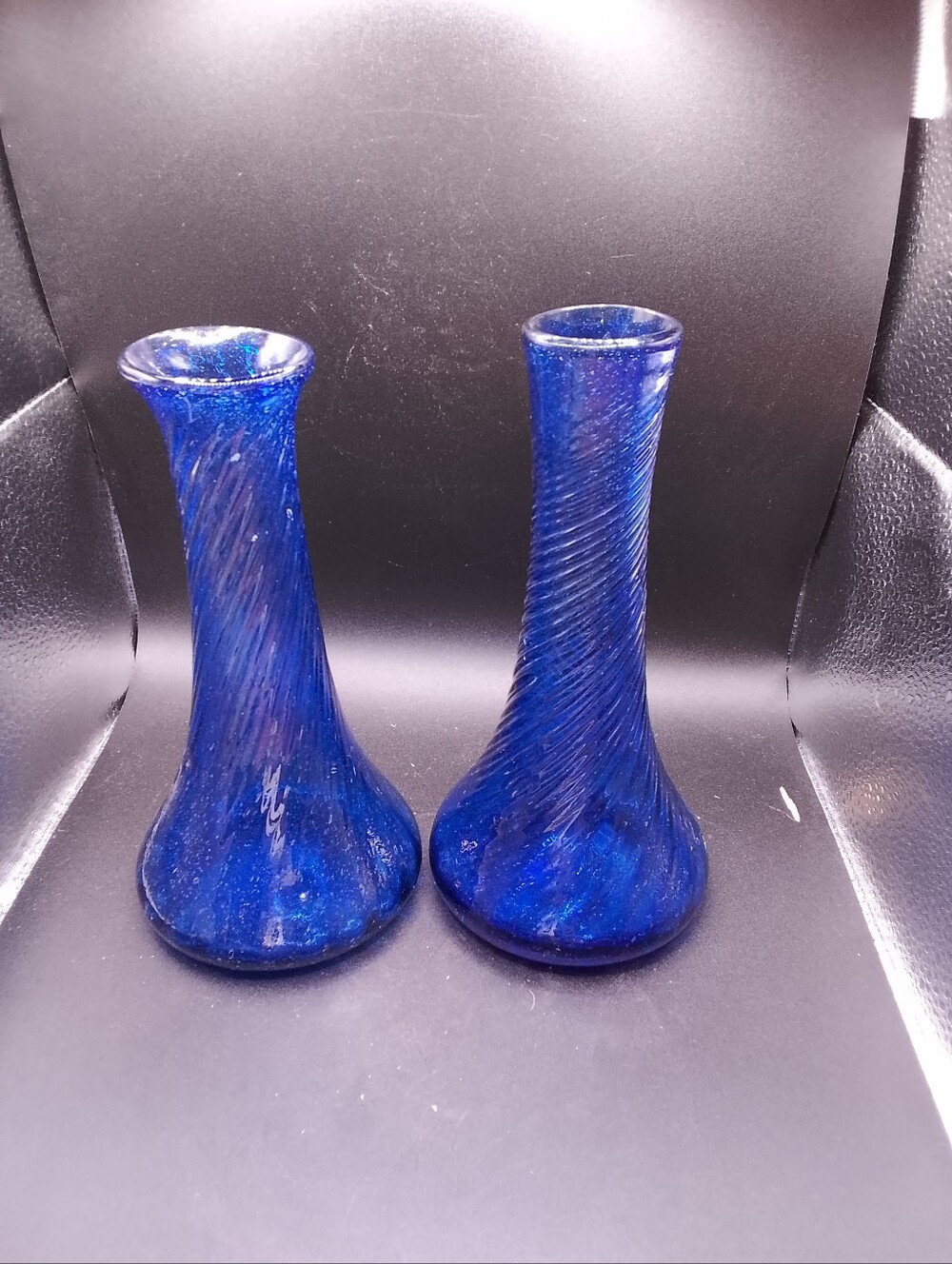 Pair Vintage Handblown Cobalt Swirl Vases 8".